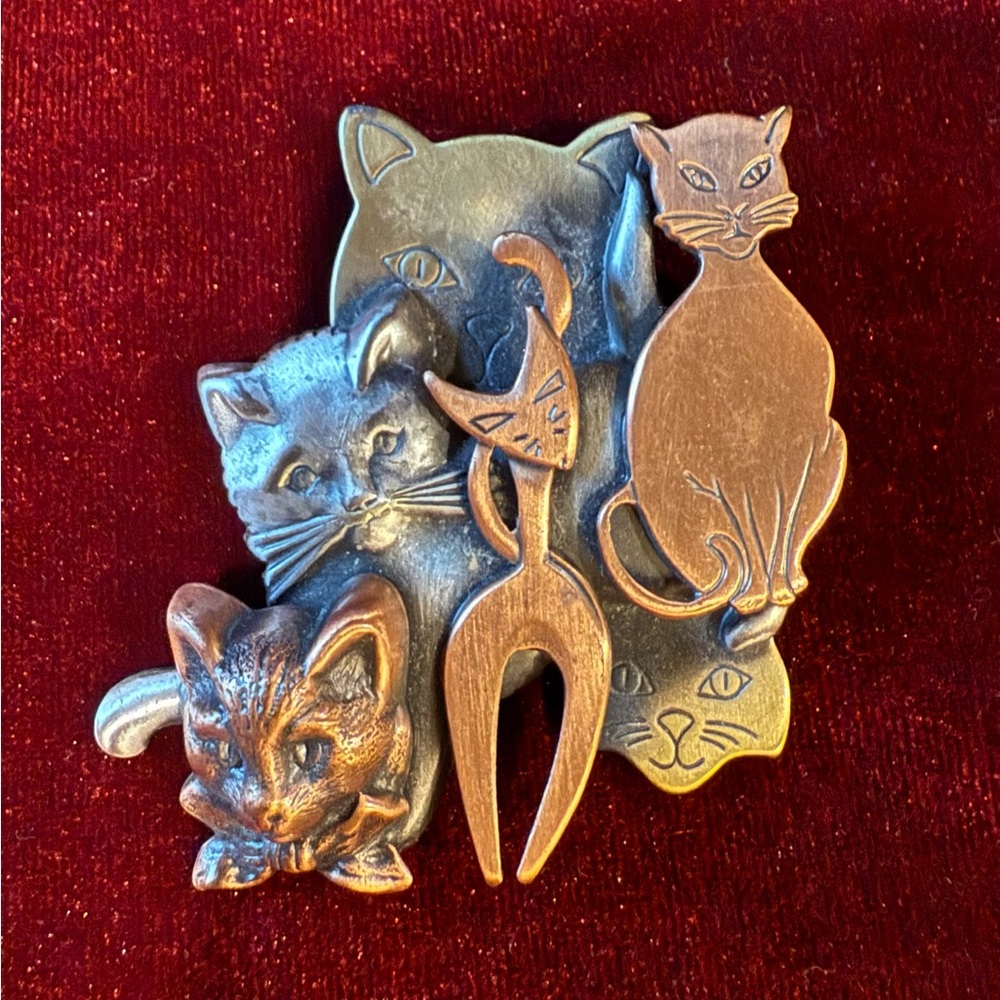 K&T Vintage 6 Cat 3 Color Mixed Metals Brooch Brass Copper Pewter 1990s